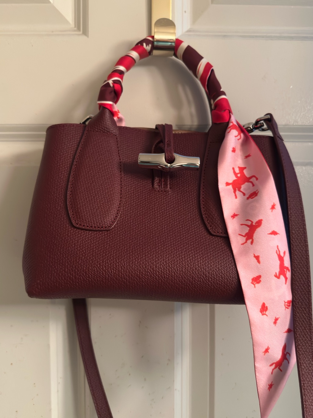 Longchamp Roseau Bag In Rich Burgundy/Plum W/Matching Scarf & Fragrance Ceramic.